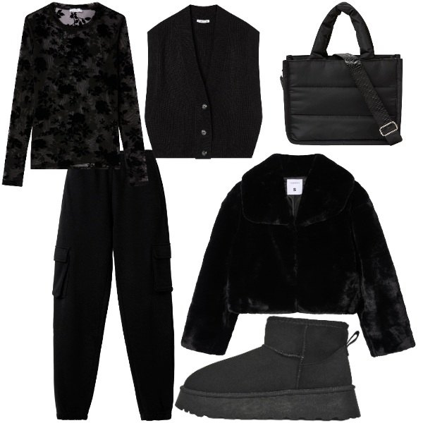 Outfit donna - black all around. Stile Urban per Tutti i giorni. Abbinamento con t-shirt, pantaloni, shopping bag, stivaletti, ecopellicce, maglieria.