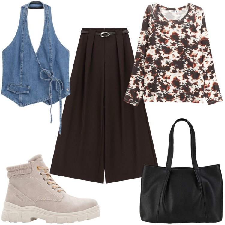 Outfit donna - Total look #2292317. Stile Trendy per Tutti i giorni. Abbinamento con stivaletti, shopping bag, gilet, maglieria, pantaloni a palazzo.