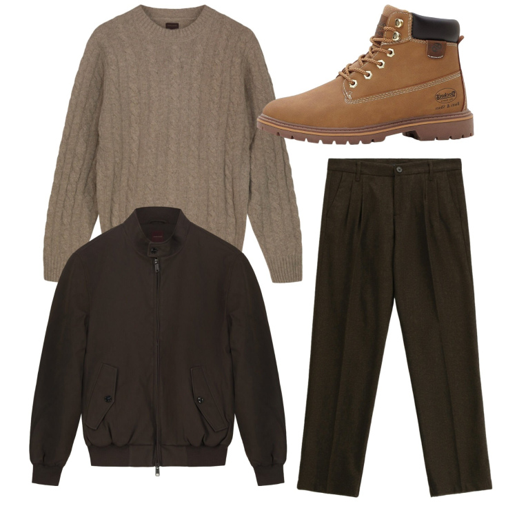 Outfit uomo - Total look. Stile Casual per Tutti i giorni. Abbinamento con stivali e stivaletti, pantaloni, bomber, maglieria.