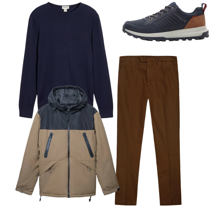 Outfit uomo - Blu e marrone. Stile Casual per Tutti i giorni. Abbinamento con maglieria, sneakers, bomber, pantaloni.