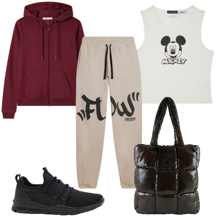 Outfit donna - Total look #2292325. Stile Basic per Sport. Abbinamento con sneakers, felpe con cappuccio, canottiere, pantaloni, shopping bag.