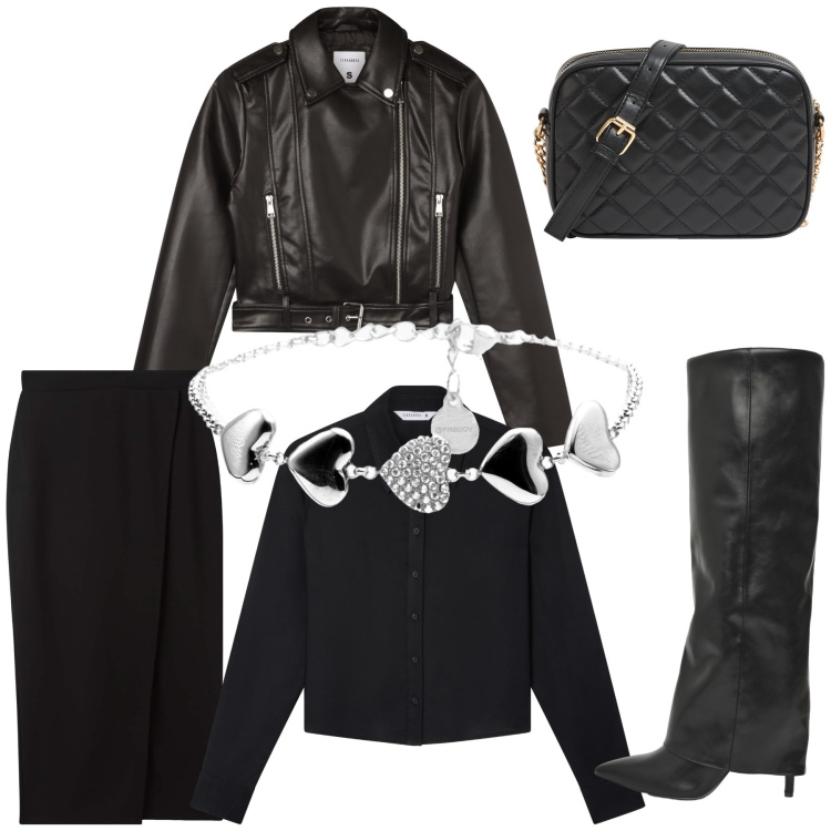 Outfit donna - Dark. Stile Glamour per Serata fuori. Abbinamento con gonne longuette, borse a tracolla, giacche, stivali, camicie, braccialetti.