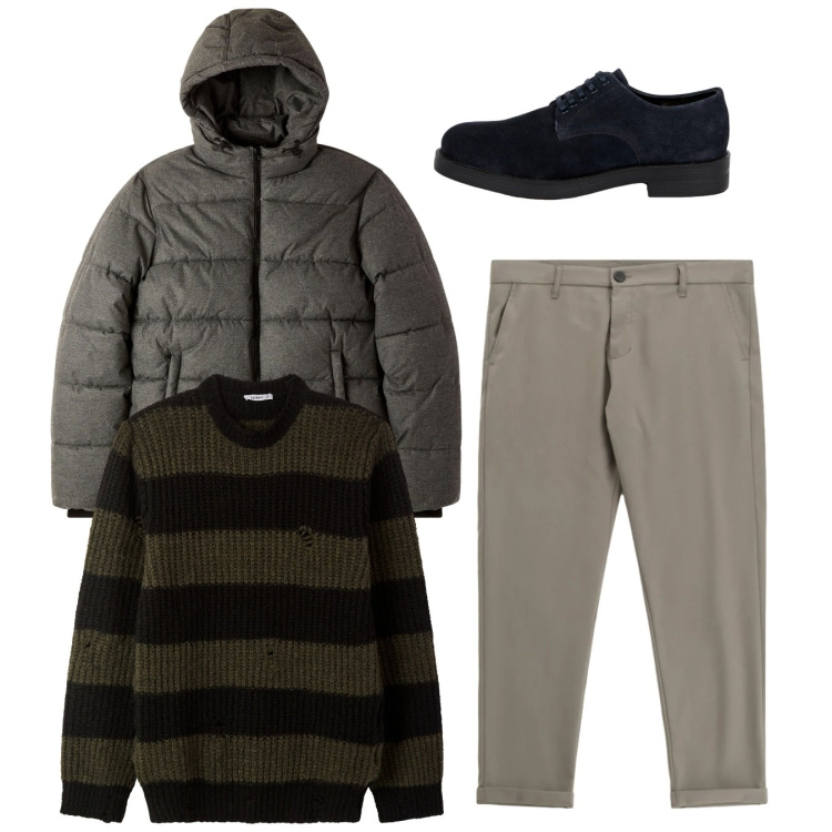 Outfit uomo - Total look. Stile Casual per Tutti i giorni. Abbinamento con bomber, maglieria, pantaloni, scarpe stringate.