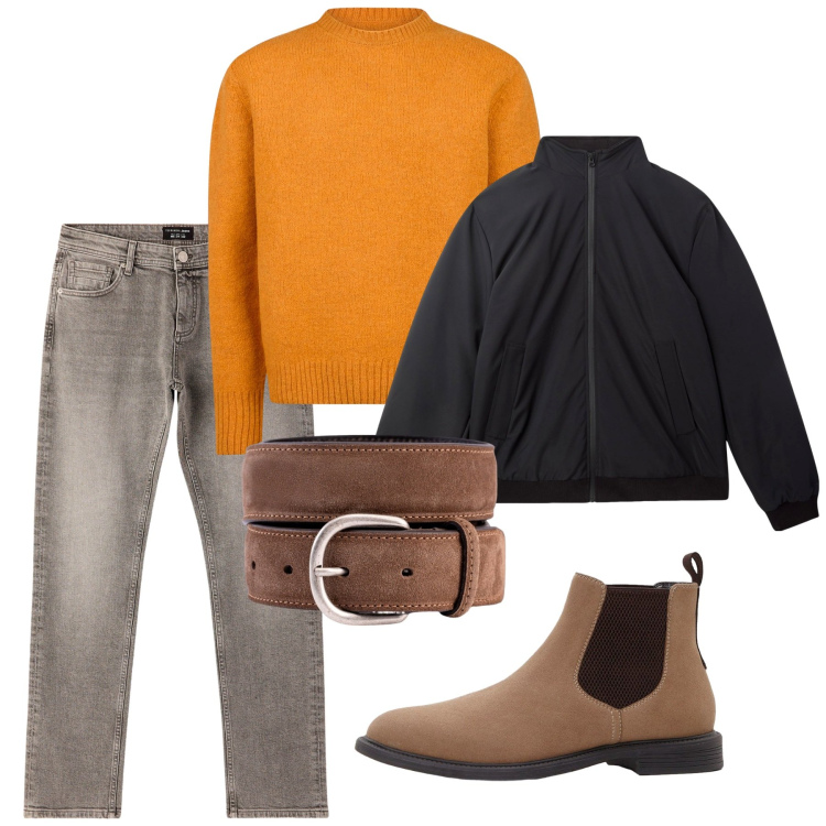Outfit uomo - Curry a novembre. Stile Casual per Tutti i giorni. Abbinamento con stivali e stivaletti, giacche, jeans, cinture, maglieria.