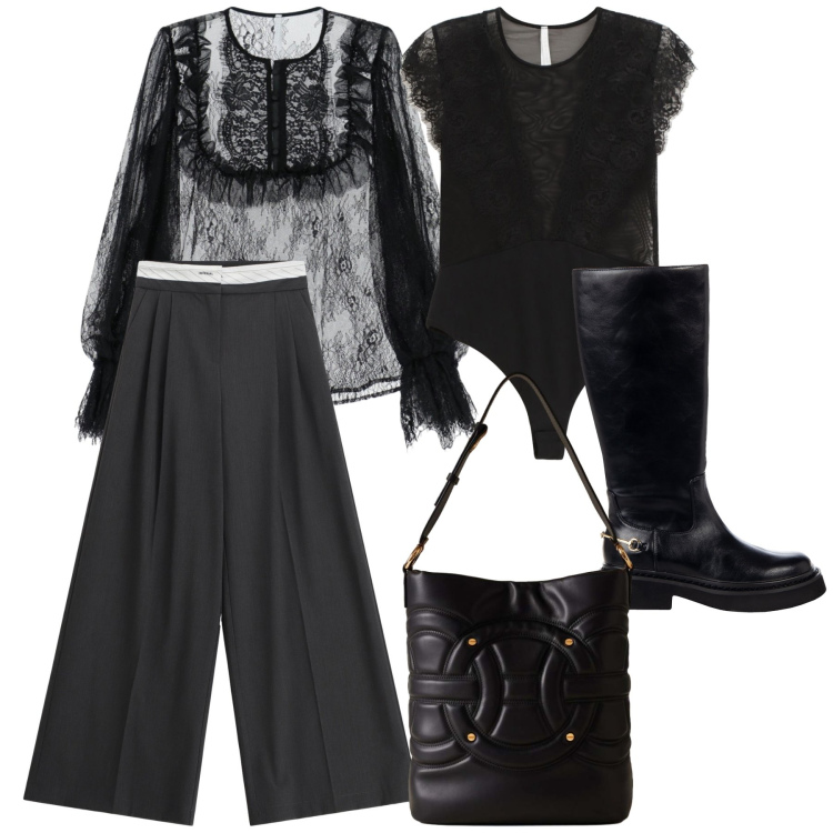 Outfit donna - Serata mix di stili. Stile Trendy per Serata fuori. Abbinamento con stivali sopra il ginocchio, pantaloni a palazzo, body, bluse, borse a secchiello.