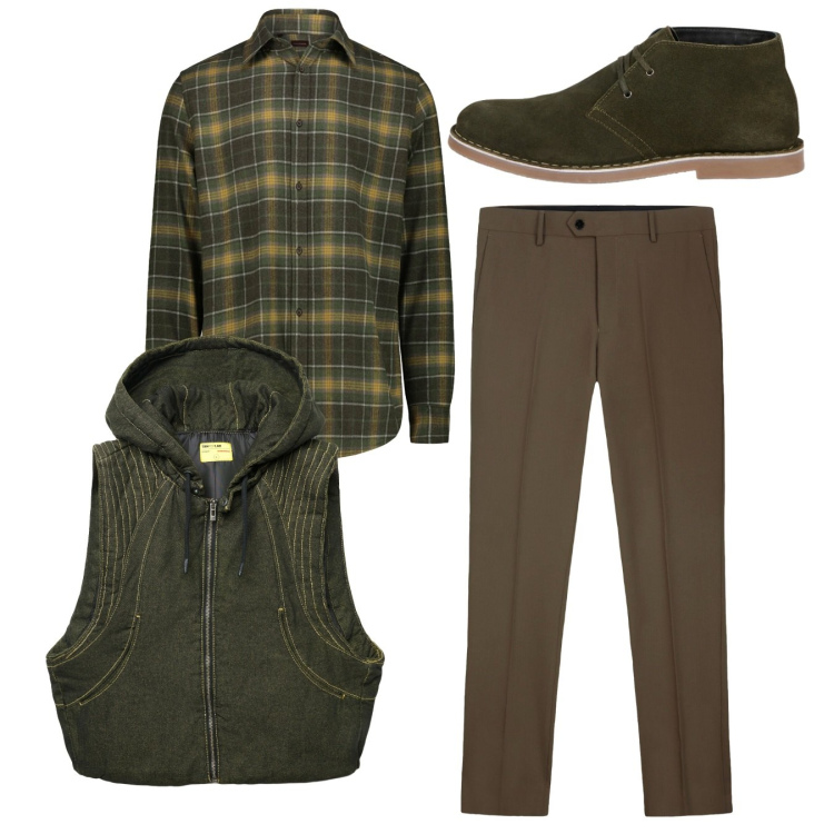 Outfit uomo - Total look. Stile Casual per Tutti i giorni. Abbinamento con gilet, stivali e stivaletti, pantaloni, camicie.