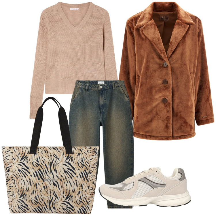 Outfit donna - Total look. Stile Casual per Tutti i giorni. Abbinamento con jeans, sneakers, maglieria, cappotti, shopping bag.