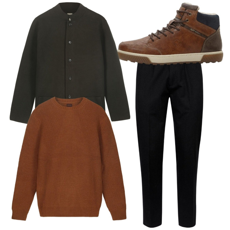 Outfit uomo - Total look. Stile Casual per Tutti i giorni. Abbinamento con sneakers alte, giacche, maglieria, pantaloni.
