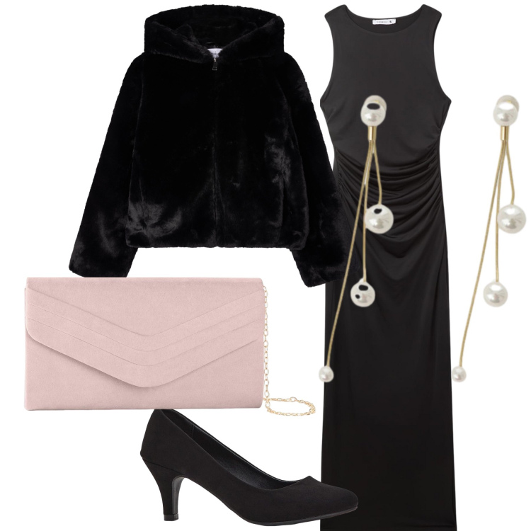 Outfit donna - A teatro. Stile Bon Ton per Serata fuori. Abbinamento con décolleté, pochette, vestiti lunghi, ecopellicce, orecchini.