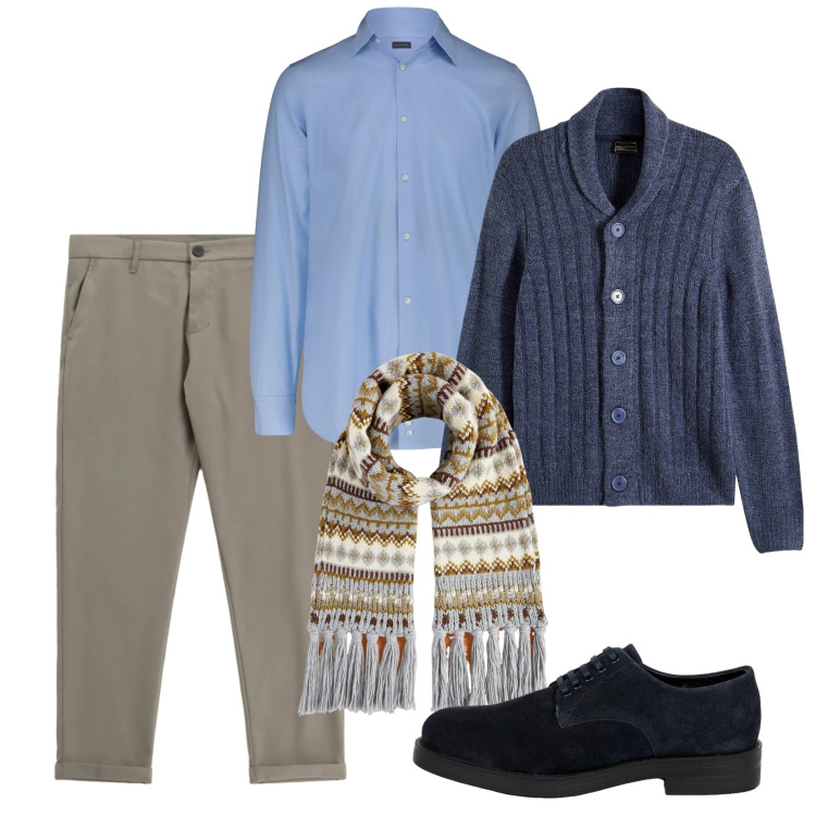 Outfit uomo - La sciarpa multicolore. Stile Casual per Tutti i giorni. Abbinamento con cardigans, pantaloni, scarpe stringate, camicie, sciarpe.