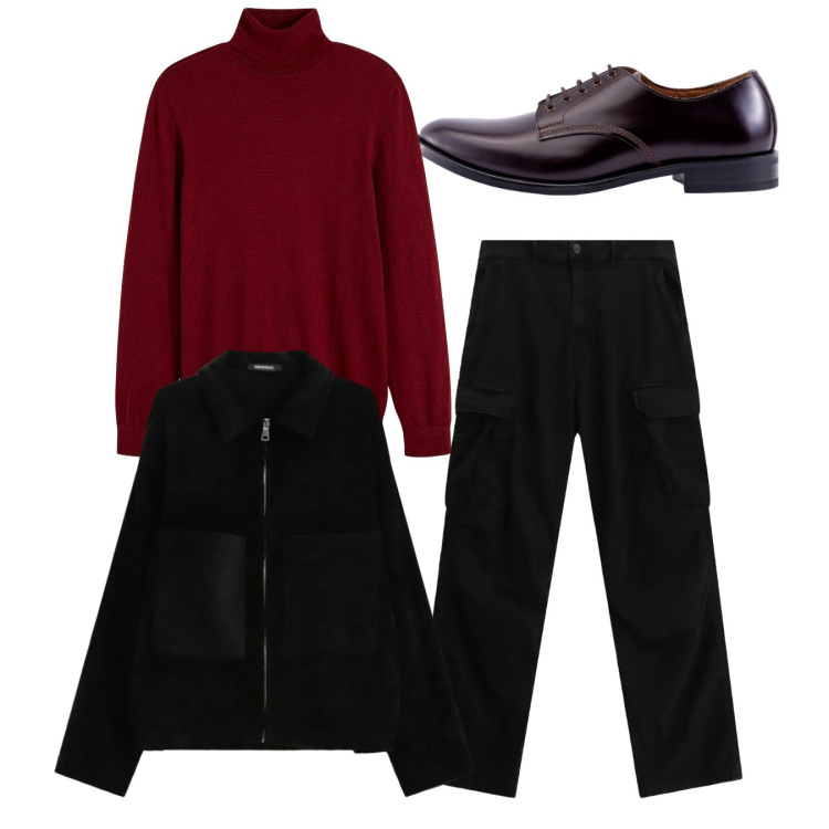Outfit uomo - Total look. Stile Casual per Tutti i giorni. Abbinamento con maglieria, pantaloni cargo, cappotti, scarpe stringate.
