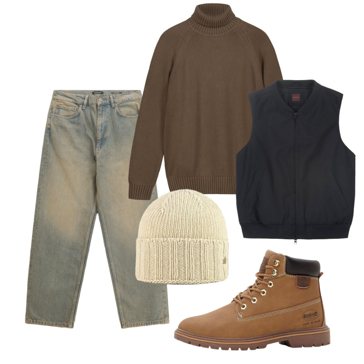 Outfit uomo - Maglione a collo alto. Stile Casual per Tutti i giorni. Abbinamento con stivali e stivaletti, jeans, cappelli, piumini, pullovers.