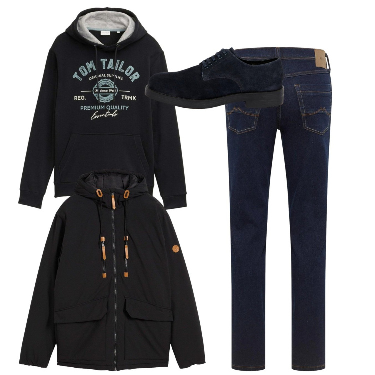 Outfit uomo - Total look. Stile Urban per Tutti i giorni. Abbinamento con jeans dritti, piumini, felpe con cappuccio, scarpe stringate.