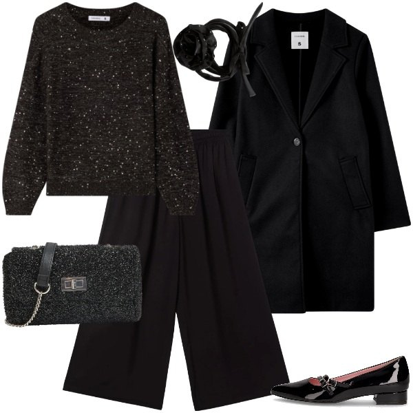 Outfit donna - black day & night. Stile Casual chic per Serata fuori. Abbinamento con maglieria, pantaloni a palazzo, cappotti, collane, borse a tracolla, ballerine.
