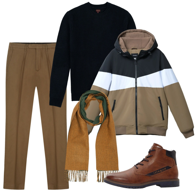 Outfit uomo - Passeggiata sotto la pioggia. Stile Casual per Tutti i giorni. Abbinamento con stivali e stivaletti, piumini, maglieria, sciarpe, pantaloni.