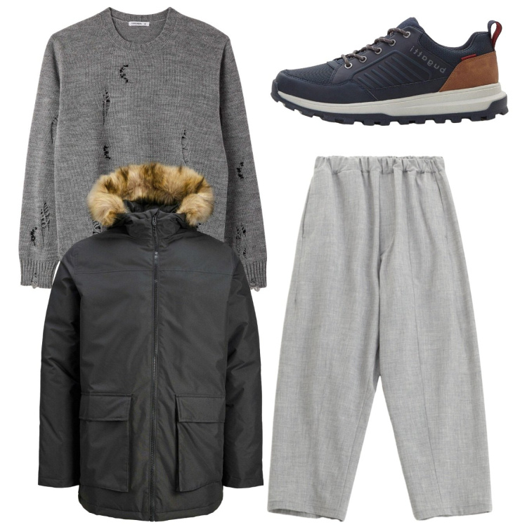 Outfit uomo - Total look. Stile Casual per Tutti i giorni. Abbinamento con parka, sneakers, maglieria, pantaloni.