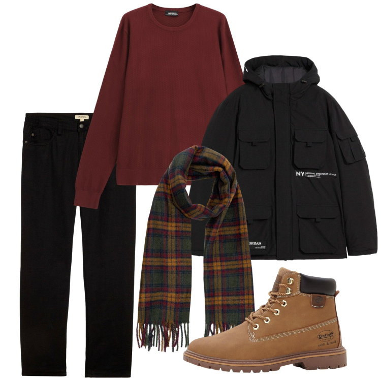 Outfit uomo - Passeggiata sotto la pioggia. Stile Casual per Tutti i giorni. Abbinamento con stivali e stivaletti, pantaloni, piumini, maglieria, sciarpe.