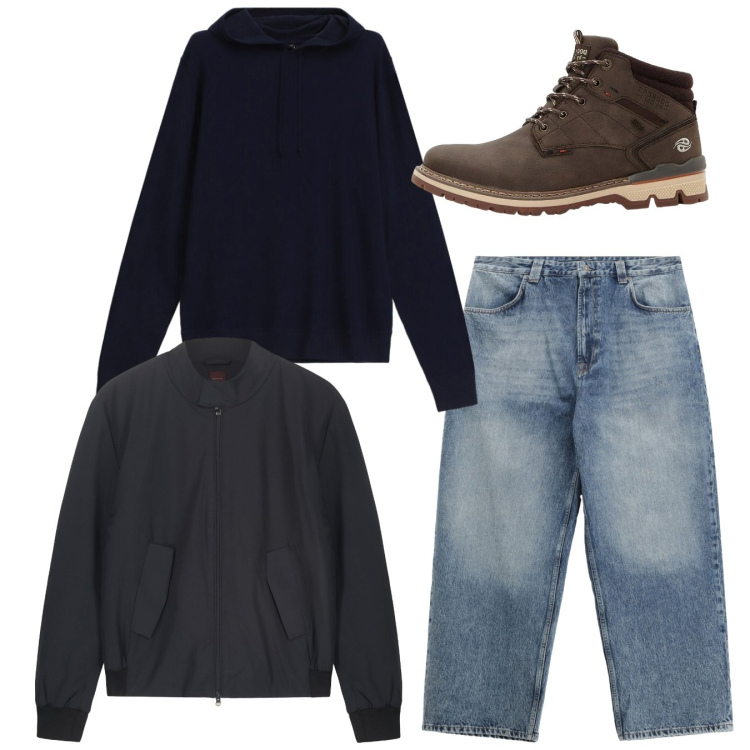 Outfit uomo - Total fall. Stile Casual per Tutti i giorni. Abbinamento con stivali e stivaletti, jeans, maglieria, bomber.