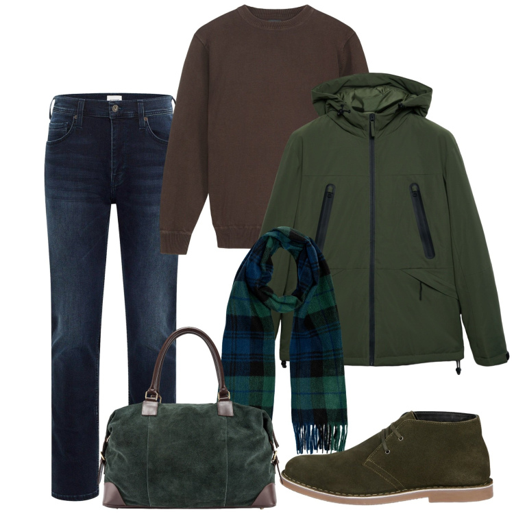 Outfit uomo - Stile da viaggio. Stile Casual per Tutti i giorni. Abbinamento con jeans slim fit, giacche, stivali e stivaletti, sciarpe, borse sportive, maglieria.