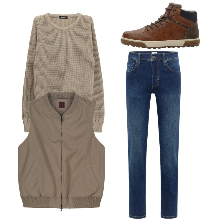 Outfit uomo - Total look. Stile Casual per Tutti i giorni. Abbinamento con jeans dritti, sneakers alte, maglieria, piumini.