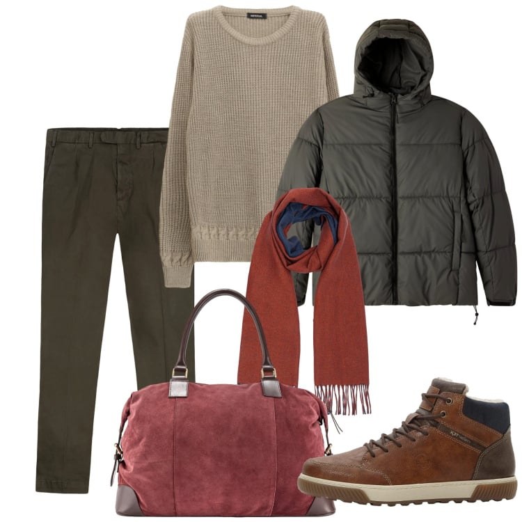Outfit uomo - Stile da viaggio. Stile Casual per Tutti i giorni. Abbinamento con sneakers alte, bomber, maglieria, pantaloni, borse sportive, sciarpe.