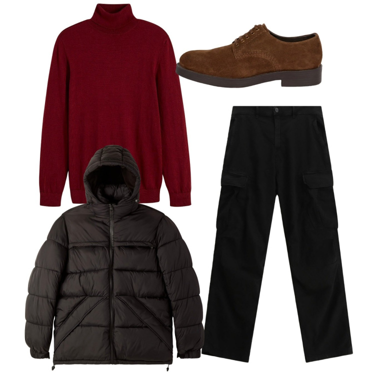 Outfit uomo - Bordeaux per l\'inverno. Stile Casual per Tutti i giorni. Abbinamento con maglieria, bomber, pantaloni cargo, scarpe stringate.