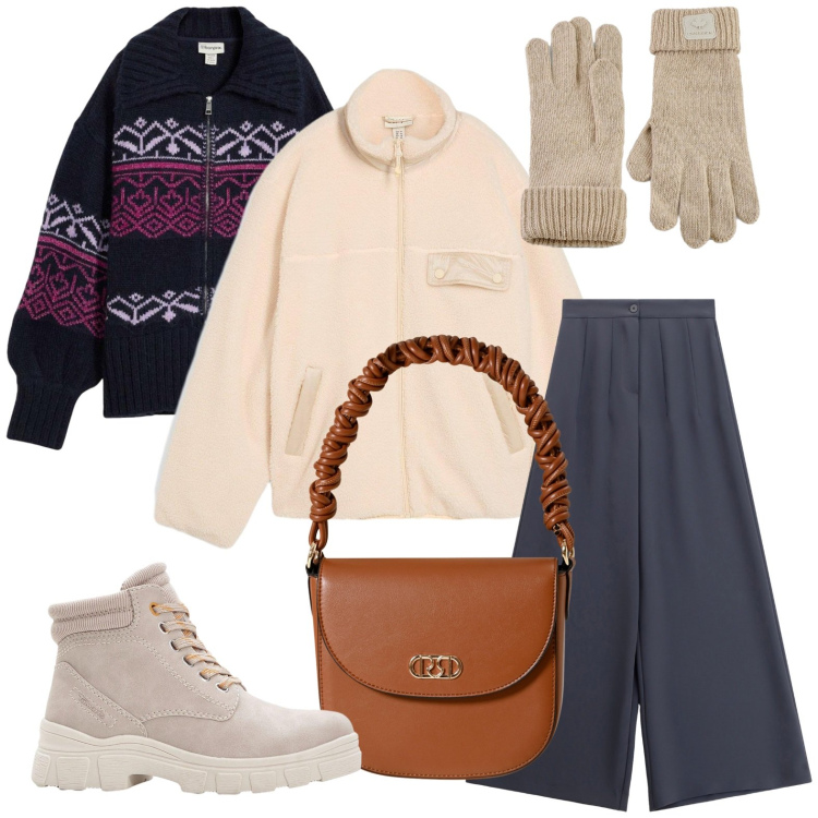 Outfit donna - Dipendenza teddy. Stile Minimal per Tutti i giorni. Abbinamento con stivaletti, caban, cardigans, borse a mano, pantaloni a palazzo, guanti.