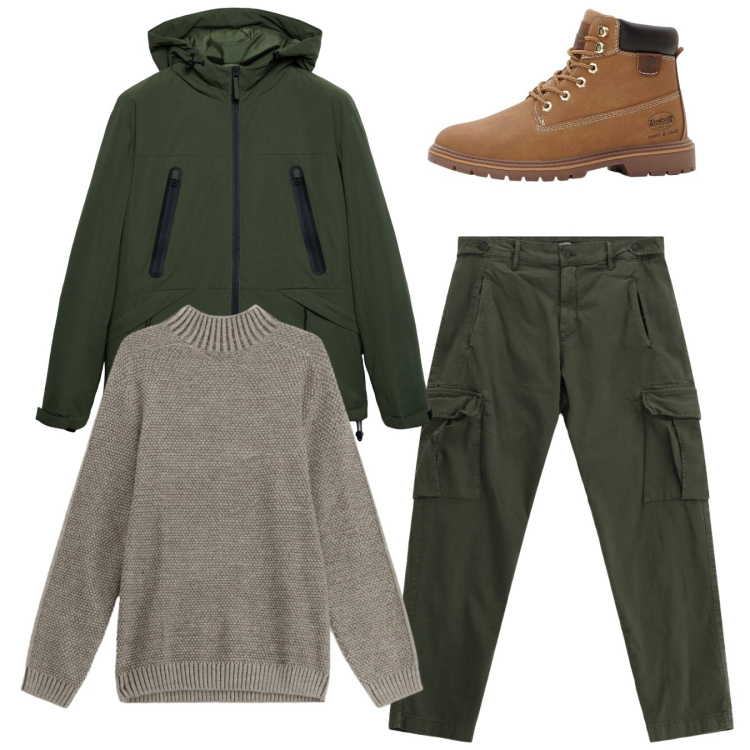 Outfit uomo - Total look. Stile Casual per Tutti i giorni. Abbinamento con stivali e stivaletti, giacche, maglieria, pantaloni cargo.