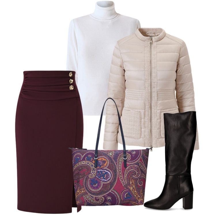 Outfit donna - Rinascimento - Black Friday 2025. Stile Bon Ton per Ufficio. Abbinamento con gonne longuette, maglieria, piumini, borse tote, stivali.