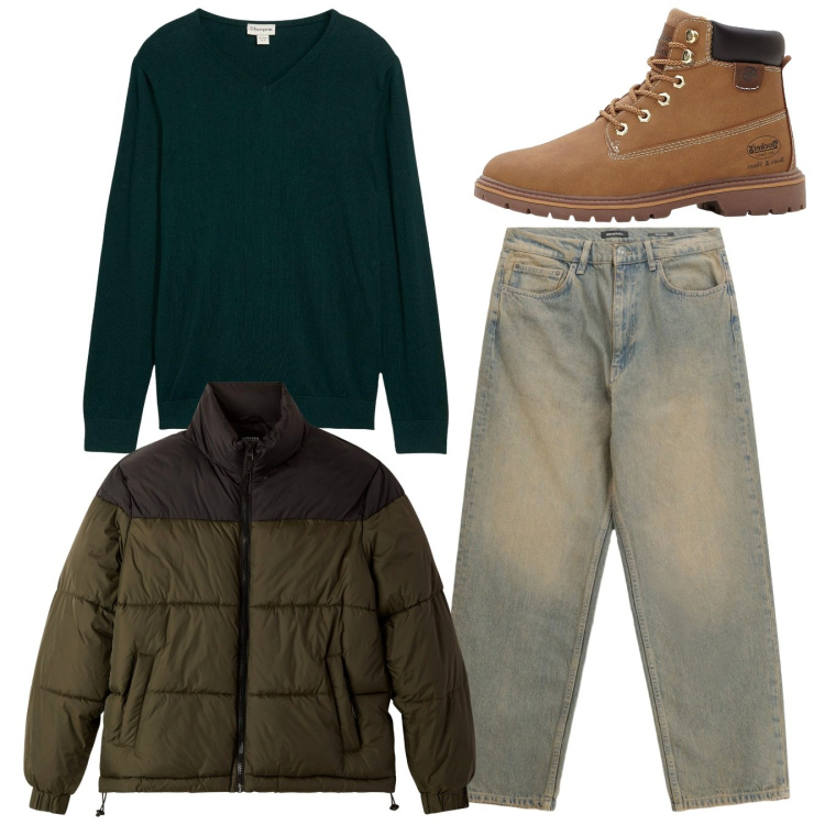 Outfit uomo - Total look. Stile Casual per Tutti i giorni. Abbinamento con stivali e stivaletti, maglieria, bomber, jeans.