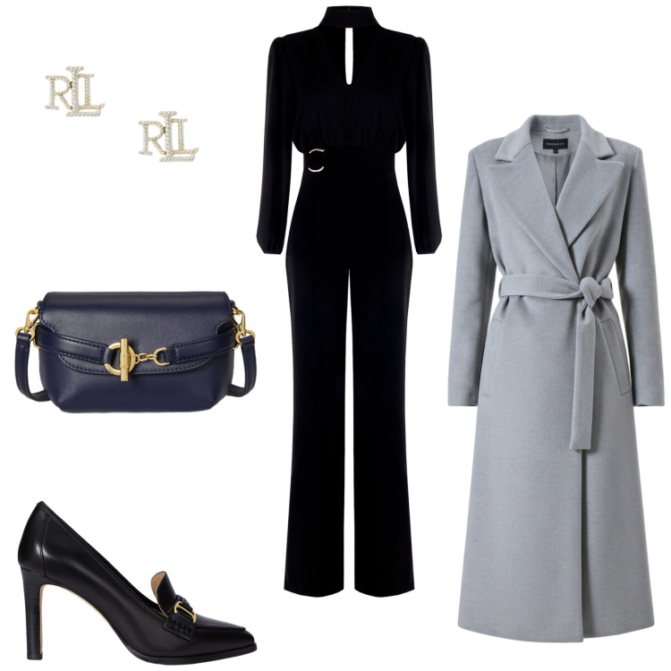 Outfit donna - Rinascimento - Black Friday 2025. Stile Casual chic per Serata fuori. Abbinamento con tute, cappotti, décolleté, borse a tracolla, orecchini.