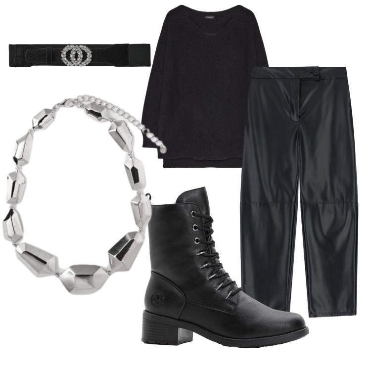 Outfit donna - Novembre con dettagli argento. Stile Basic per Tutti i giorni. Abbinamento con stivaletti, cinture, pantaloni, pullovers, ciondoli.