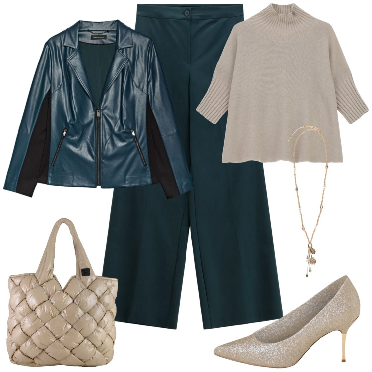 Outfit donna - Pronta per l\'ufficio. Stile Glamour per Ufficio. Abbinamento con décolleté, pantaloni a palazzo, maglieria, borse tote, ciondoli, giacche.