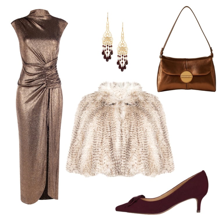 Outfit donna - Rinascimento - Black Friday 2025. Stile Chic per Serata fuori. Abbinamento con vestiti lunghi, ecopellicce, borse a tracolla, décolleté, orecchini.