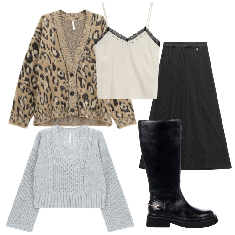 Outfit donna - Novembre curvy e petit. Stile Casual per Serata fuori. Abbinamento con top, pantaloni, stivali sopra il ginocchio, maglieria, cardigans.