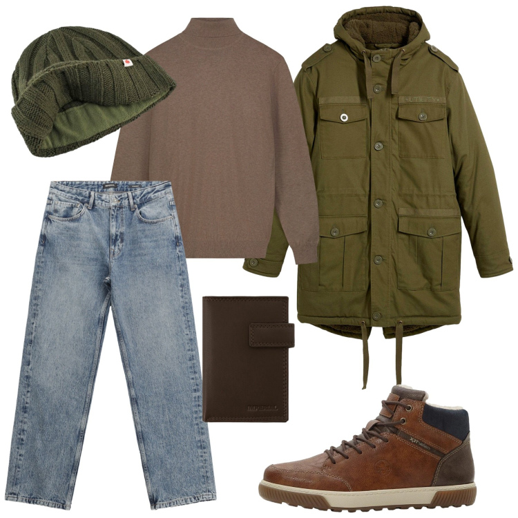 Outfit uomo - Passeggiata sotto la pioggia. Stile Casual per Tutti i giorni. Abbinamento con sneakers alte, parka, jeans dritti, portafogli, cappelli, maglieria.