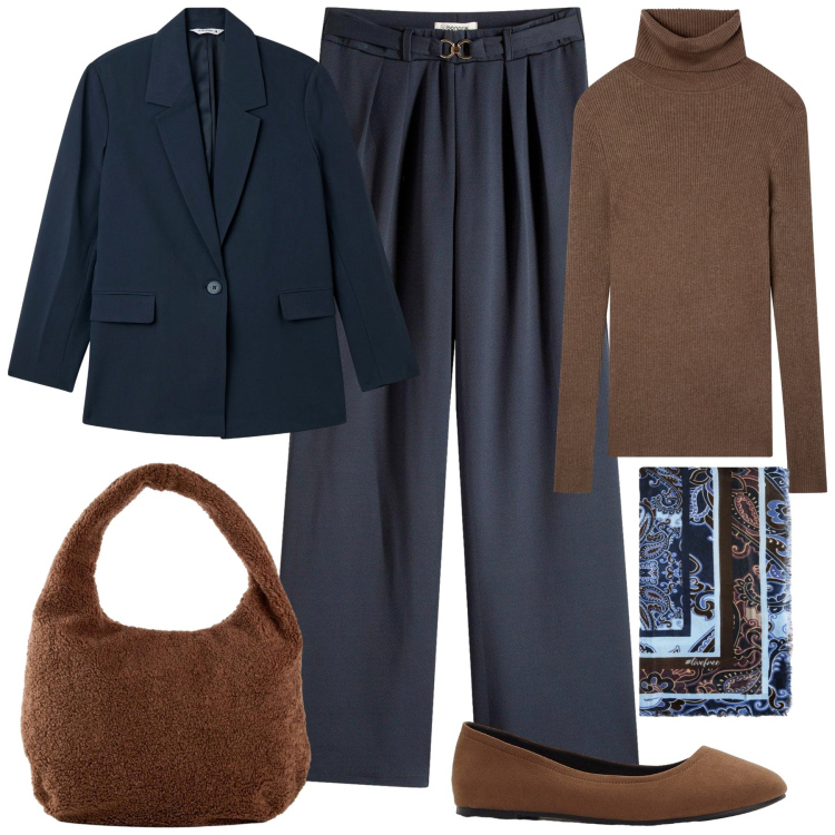 Outfit donna - Nella mia semplicità. Stile Glamour per Tutti i giorni. Abbinamento con shopping bag, pantaloni, ballerine, blazer, maglieria, foulard.