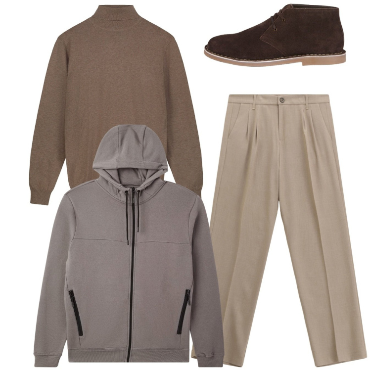Outfit uomo - Total look. Stile Casual per Tutti i giorni. Abbinamento con felpe con cappuccio, pantaloni, stivali e stivaletti, maglieria.