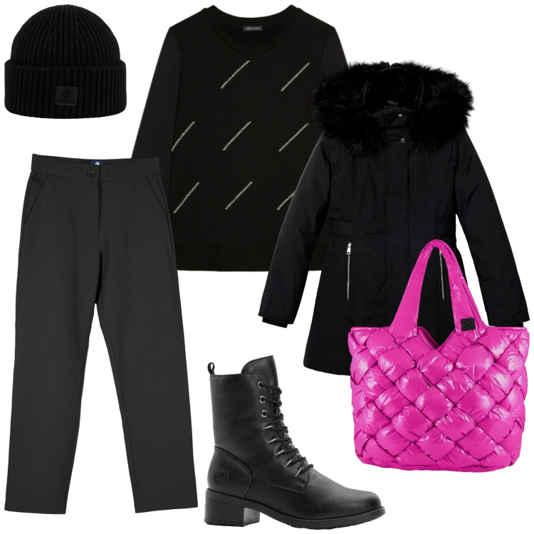 Outfit donna - Un po\' di colore. per Tutti i giorni. Abbinamento con stivaletti, parka, pantaloni chino, borse tote, berretti, felpe.