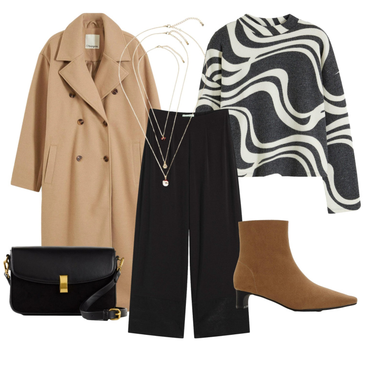 Outfit donna - Mattina in città. Stile Urban per Tutti i giorni. Abbinamento con maglieria, pantaloni, cappotti, stivaletti, collane, borse a mano.