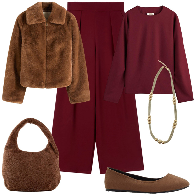 Outfit donna - So cool. Stile Glamour per Ufficio. Abbinamento con ecopellicce, shopping bag, maglieria, ballerine, pantaloni, collane.