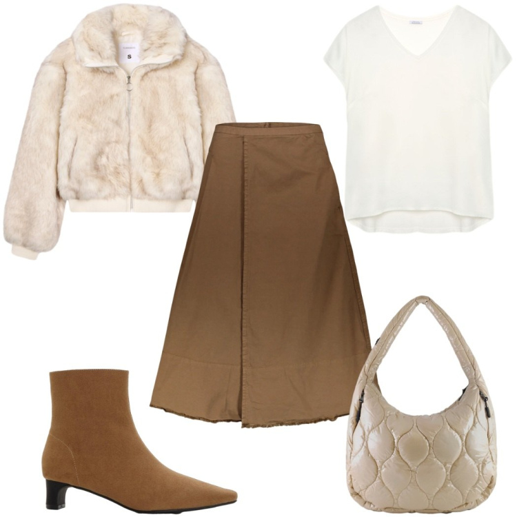 Outfit donna - Total look #2292385. Stile Trendy per Tutti i giorni. Abbinamento con stivaletti, ecopellicce, borse tote, gonne lunghe, bluse.