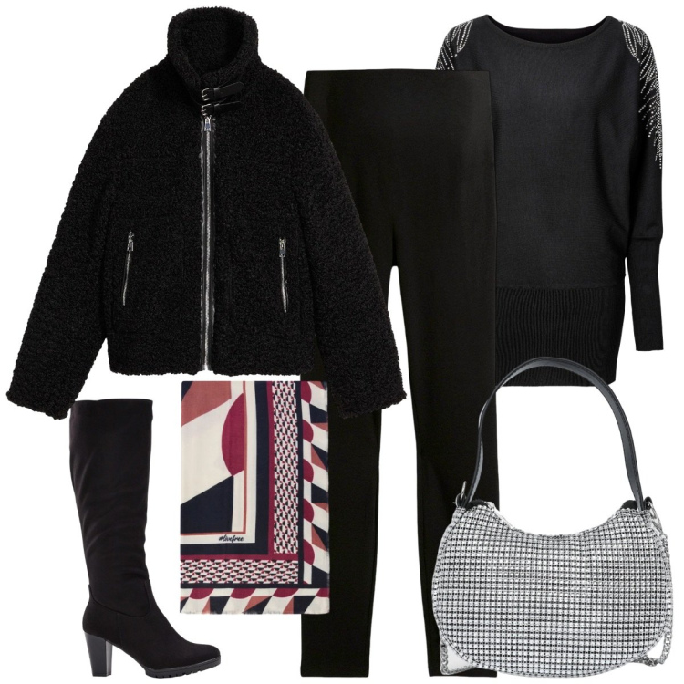 Outfit donna - Total black trendy. Stile Trendy per Ufficio. Abbinamento con maglieria, leggings, ecopellicce, stivali, borse a spalla, foulard.