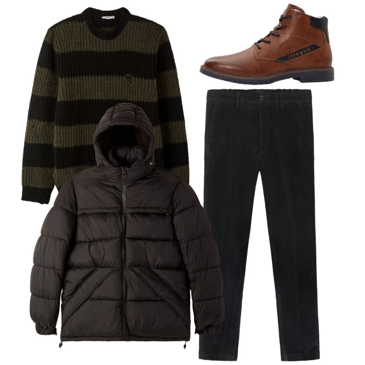 Outfit uomo - Total look. Stile Casual per Tutti i giorni. Abbinamento con anfibi, bomber, maglieria, pantaloni.