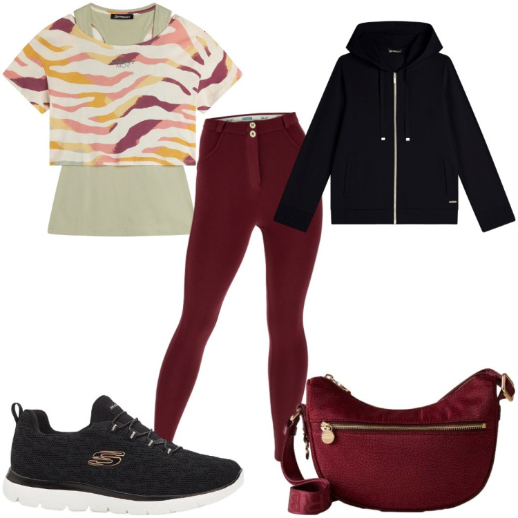 Outfit donna - Total look #2292388. Stile Basic per Sport. Abbinamento con sneakers, borse a tracolla, pantaloni skinny, t-shirt, felpe con cappuccio.