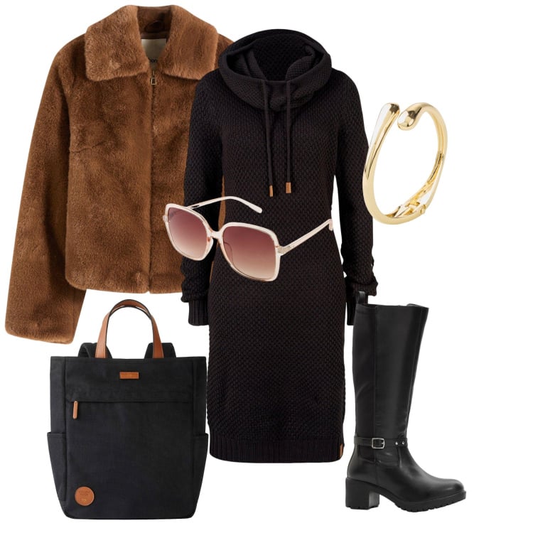 Outfit donna - A fare la spesa glamour. Stile Urban per Tutti i giorni. Abbinamento con vestiti, occhiali da sole, ecopellicce, braccialetti, stivali, zaini.