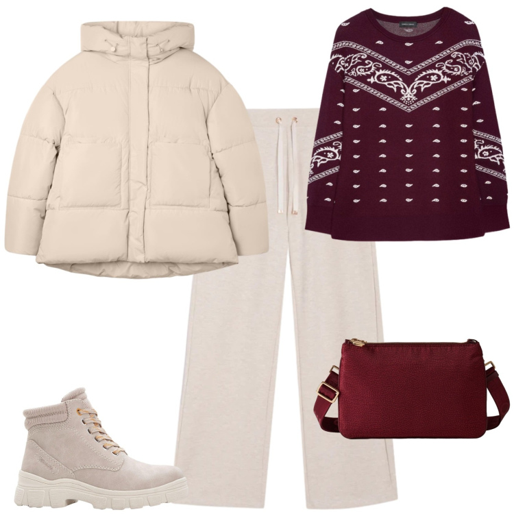 Outfit donna - Trendy week in montagna. Stile Trendy per Tutti i giorni. Abbinamento con stivaletti, bomber, borse a tracolla, pantaloni, maglieria.