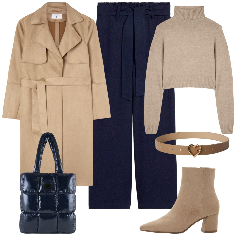 Outfit donna - Classica al lavoro. Stile Chic per Ufficio. Abbinamento con pantaloni culotte, stivaletti, maglieria, cinture, trench, shopping bag.