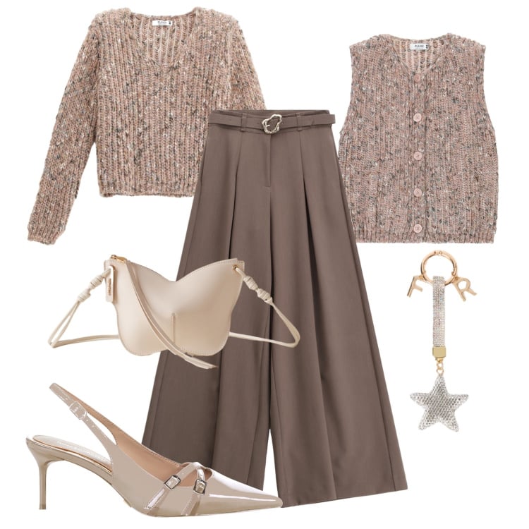 Outfit donna - Cipria mélange in ufficio. Stile Glamour per Ufficio. Abbinamento con maglieria, gilet, décolleté, pantaloni, borse a tracolla, portachiavi.