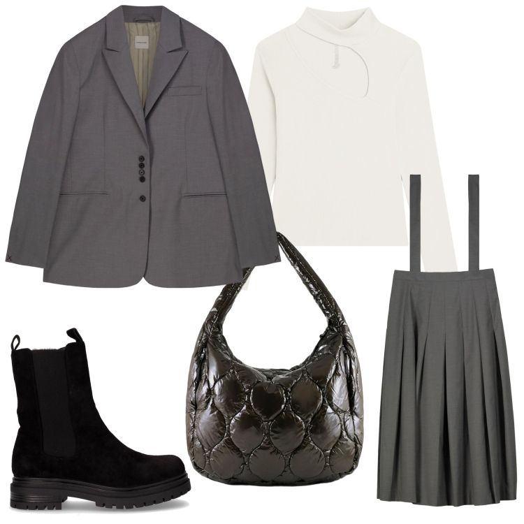 Outfit donna - Carina. Stile Casual chic per Serata fuori. Abbinamento con maglieria, borse tote, gonne lunghe, blazer, stivaletti chelsea.